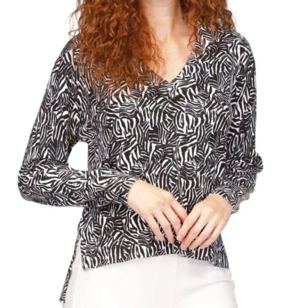 NWT MICHAEL KORS WOMENS ZEBRA DROP-HEM SWEATER BLACK WHITE SMALL MSRP $110
